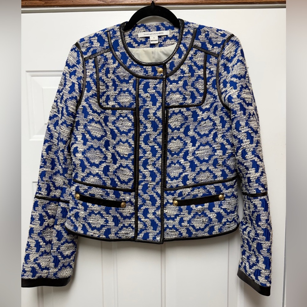 Diane Von Furstenberg Blue and White Leather Trim Jacket Size 8 Women’s.